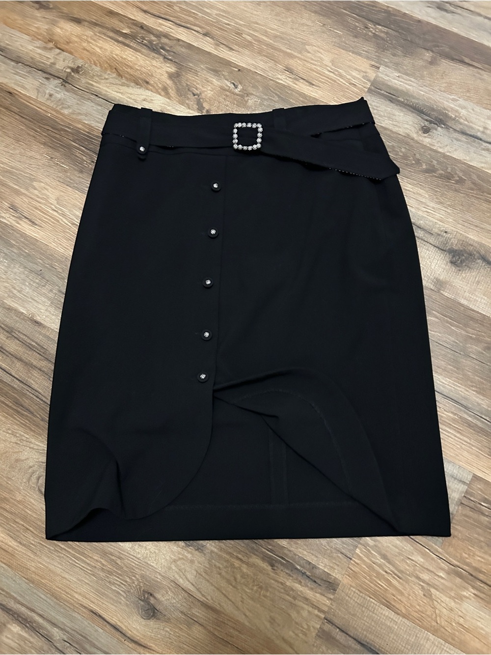 Black Button-Front Pencil Skirt with Decorative Buckle